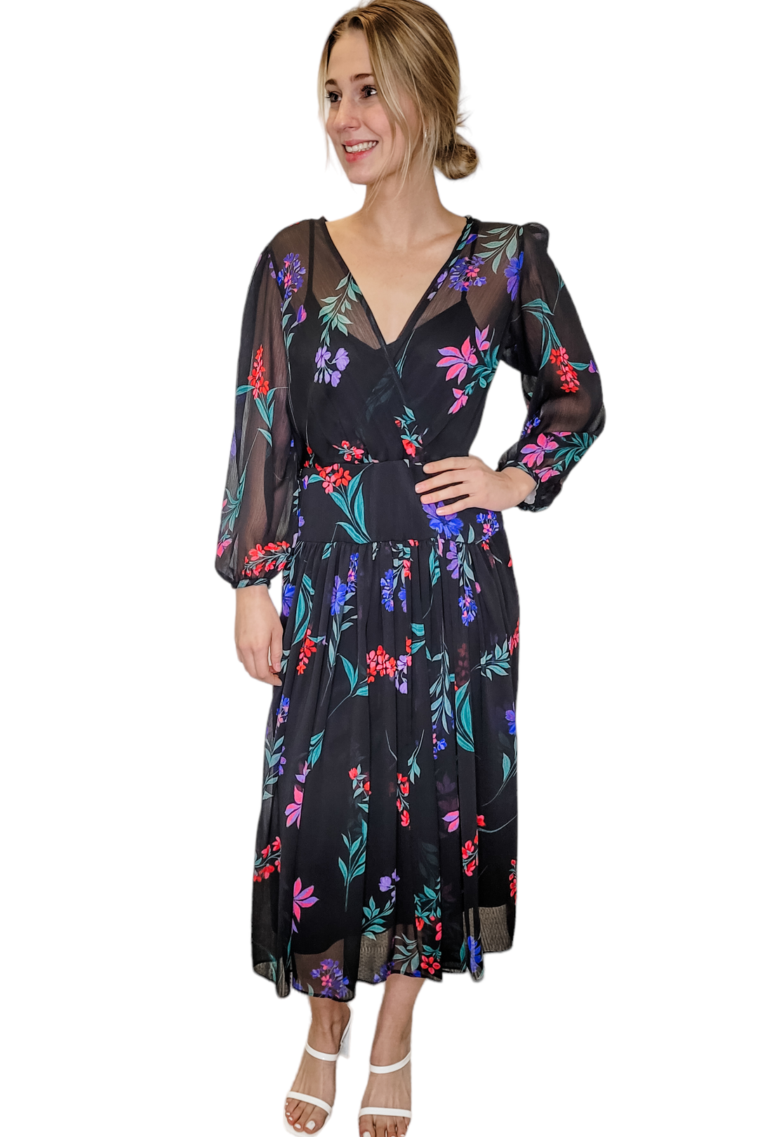 Calvin Klein Black Floral Faux Wrap LS Midi Dress Luscious Boutique