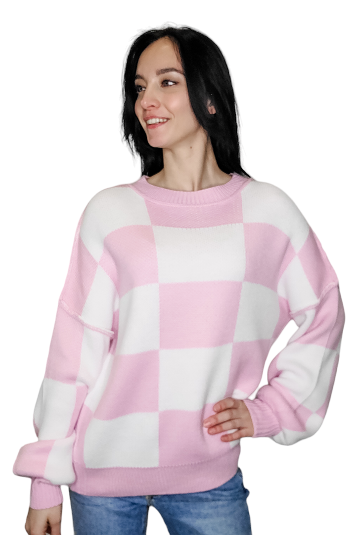 Pink & White Checker Bishop Sleeve Sweater