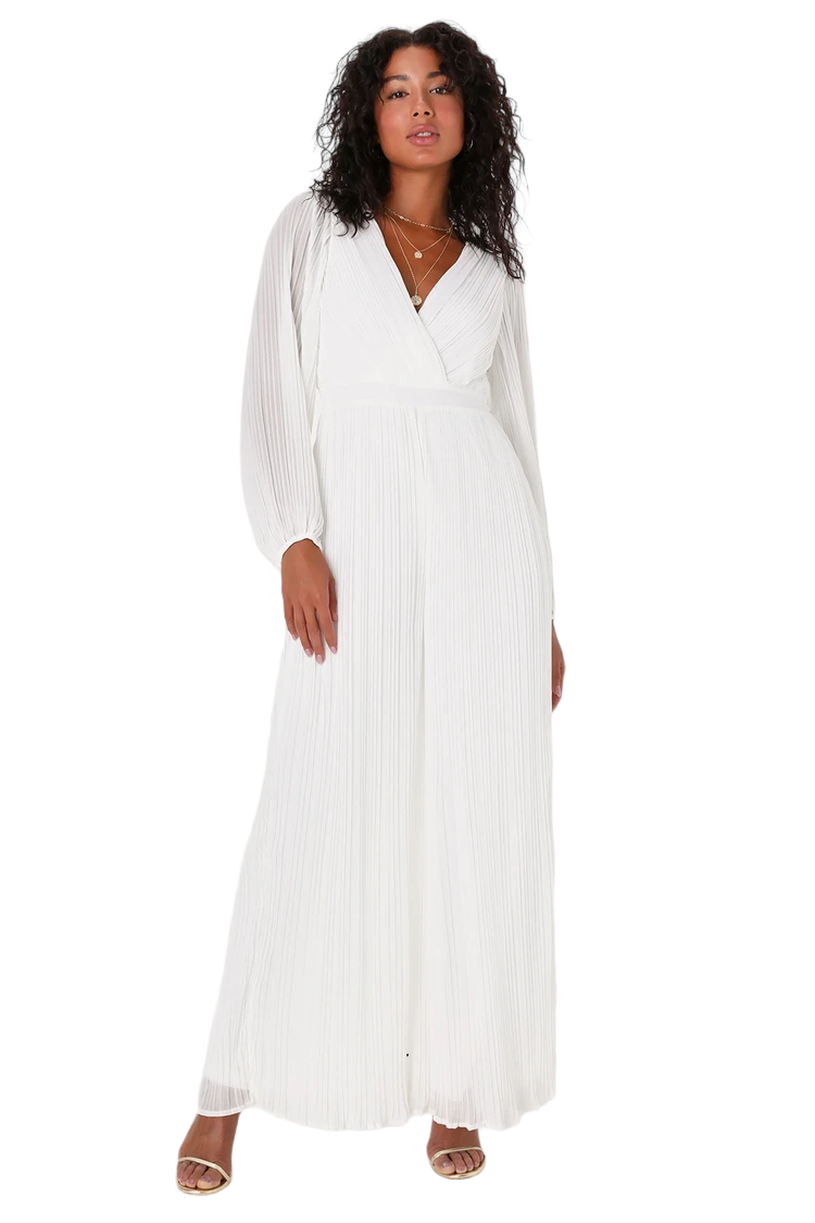 lulus white long dress Lulus White Plisse LS Jumpsuit – Luscious Boutique
