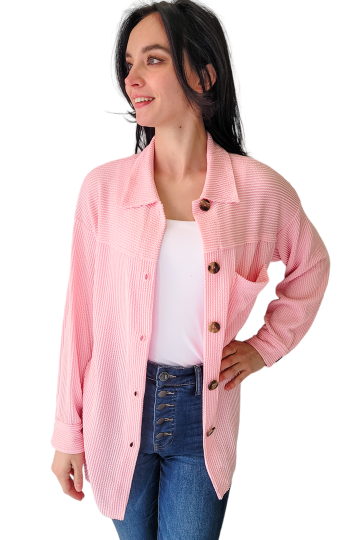 Cotton Candy Pink Ribbed Cord Button Down Shacket