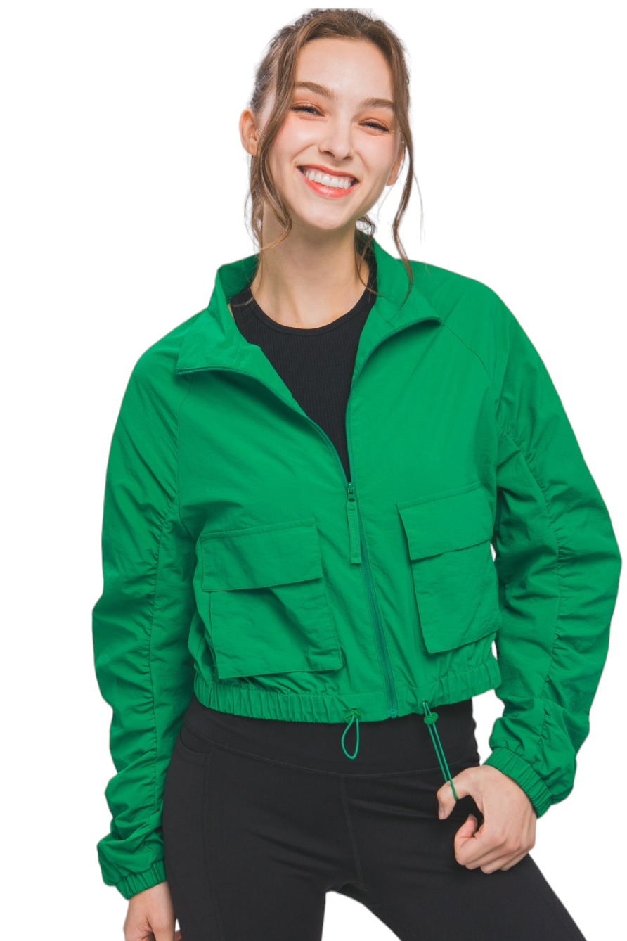 Dark Green Cargo Pocket Mid Length Windbreaker Jacket