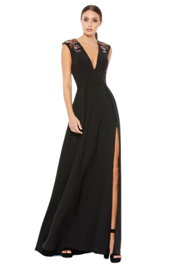 Mac Duggal Black Floral Beaded Shoulder V Neck Maxi Dress