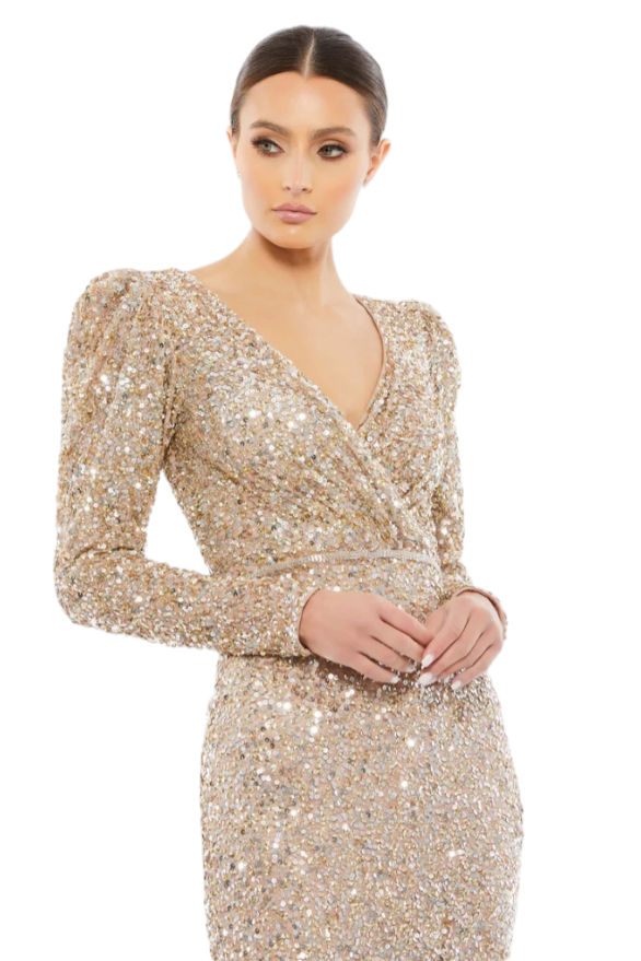 Mac Duggal Shimmering Gold Sequin Surplice Maxi Dress