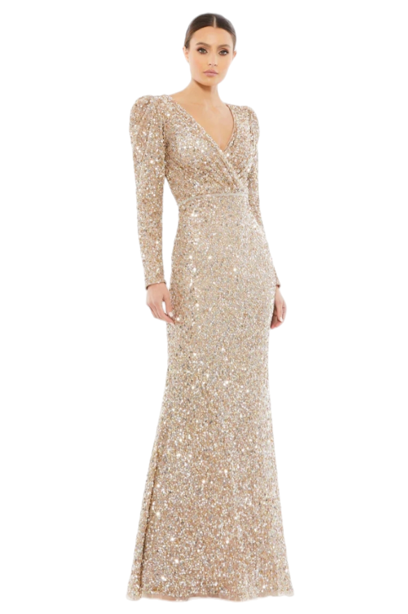 Mac Duggal Shimmering Gold Sequin Surplice Maxi Dress