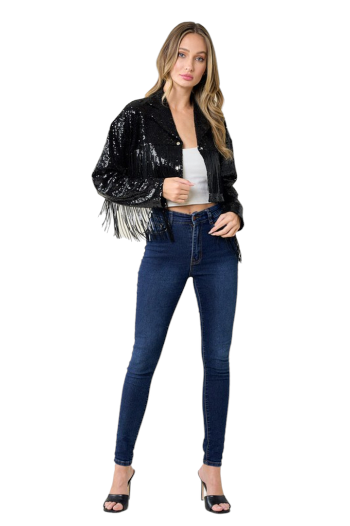 Black Showstopper Sequin Fringe Jacket