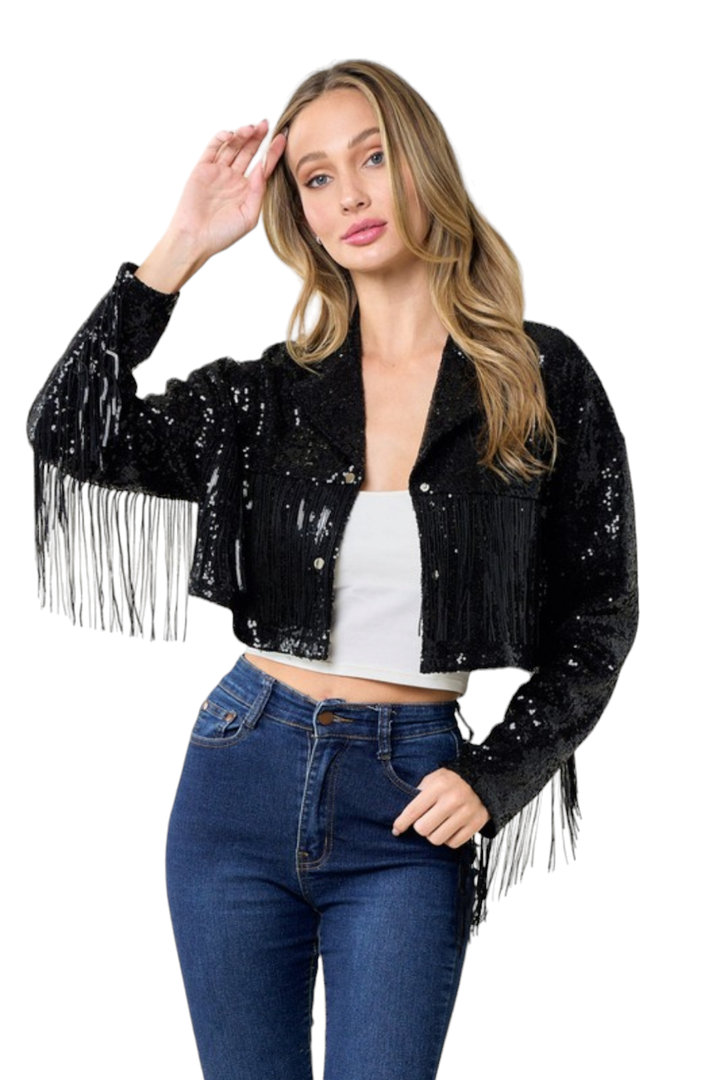 Black Showstopper Sequin Fringe Jacket