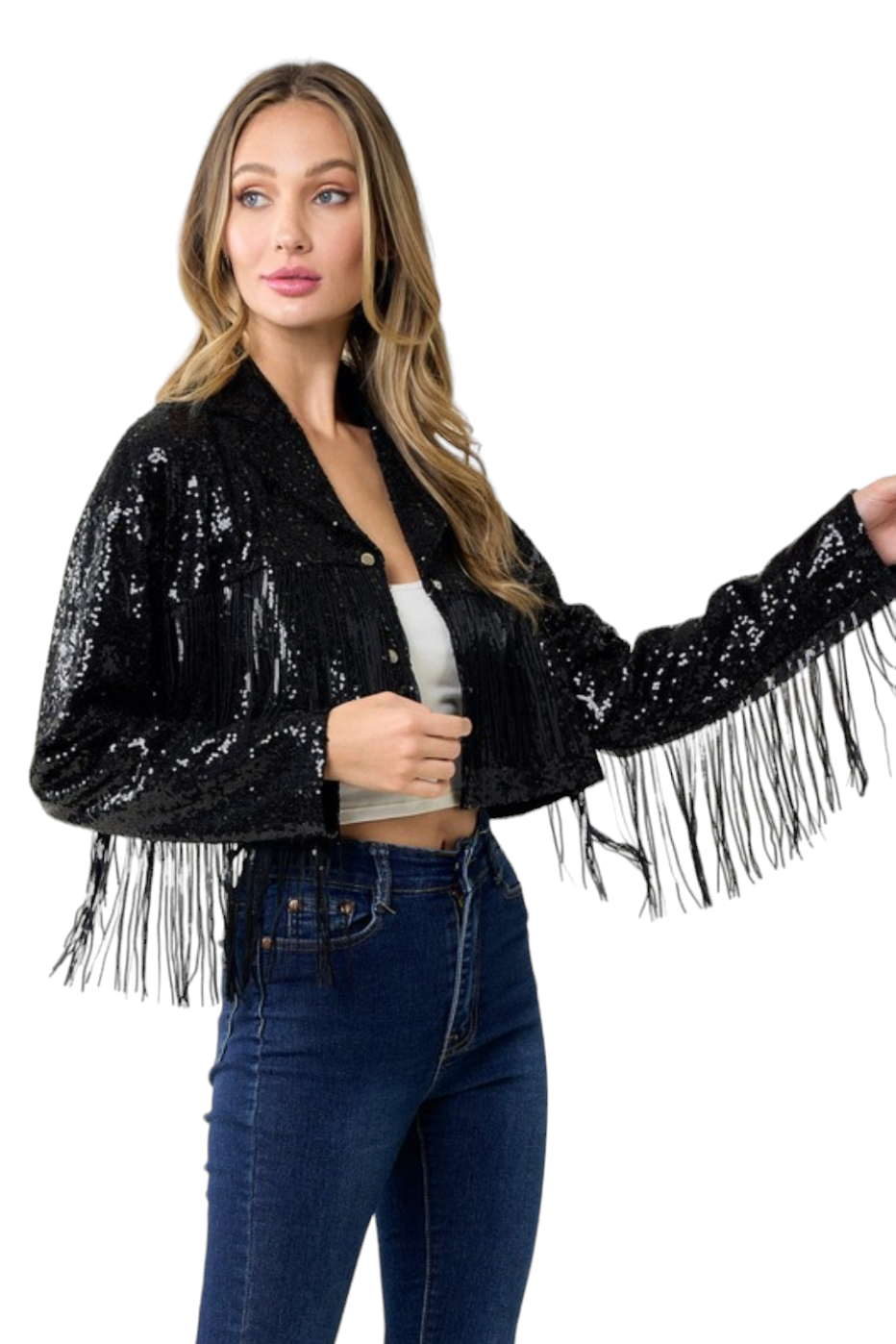 Black Showstopper Sequin Fringe Jacket