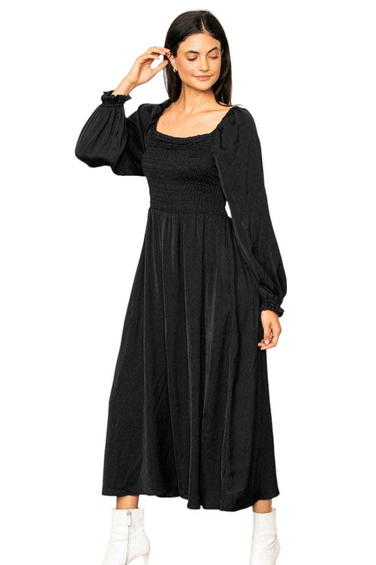 Black Dull Satin Smoked Flowy Maxi Dress