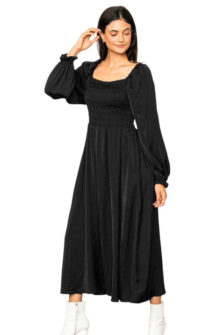Black Dull Satin Smoked Flowy Maxi Dress Luscious Boutique Black Dull Satin Smoked Flowy Maxi Dress Luscious Boutique