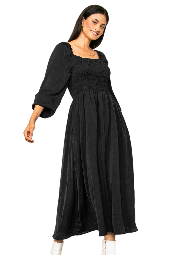 Black Dull Satin Smoked Flowy Maxi Dress