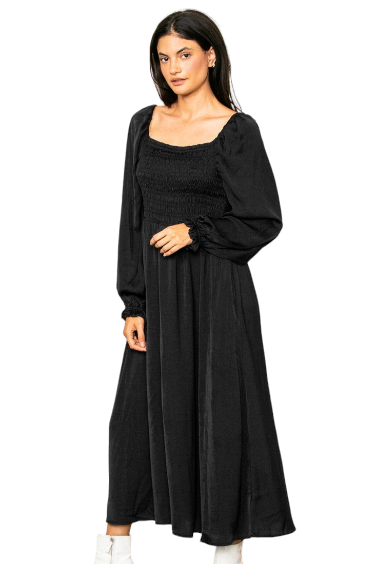 Black Dull Satin Smoked Flowy Maxi Dress