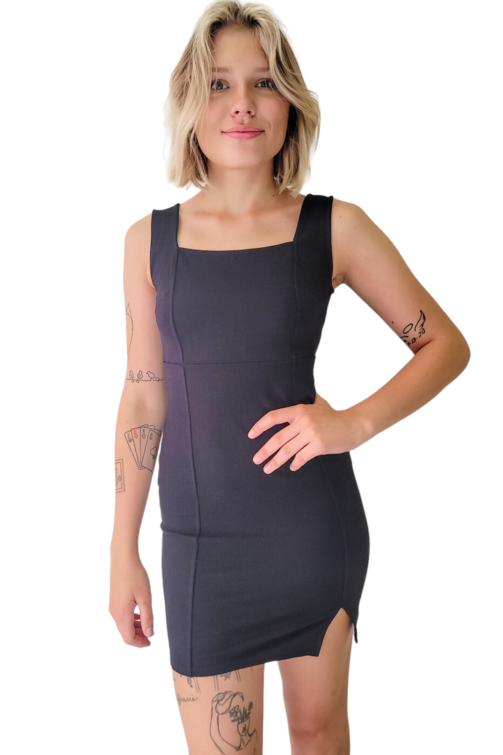 Black Square Neck Ponte Mini Dress