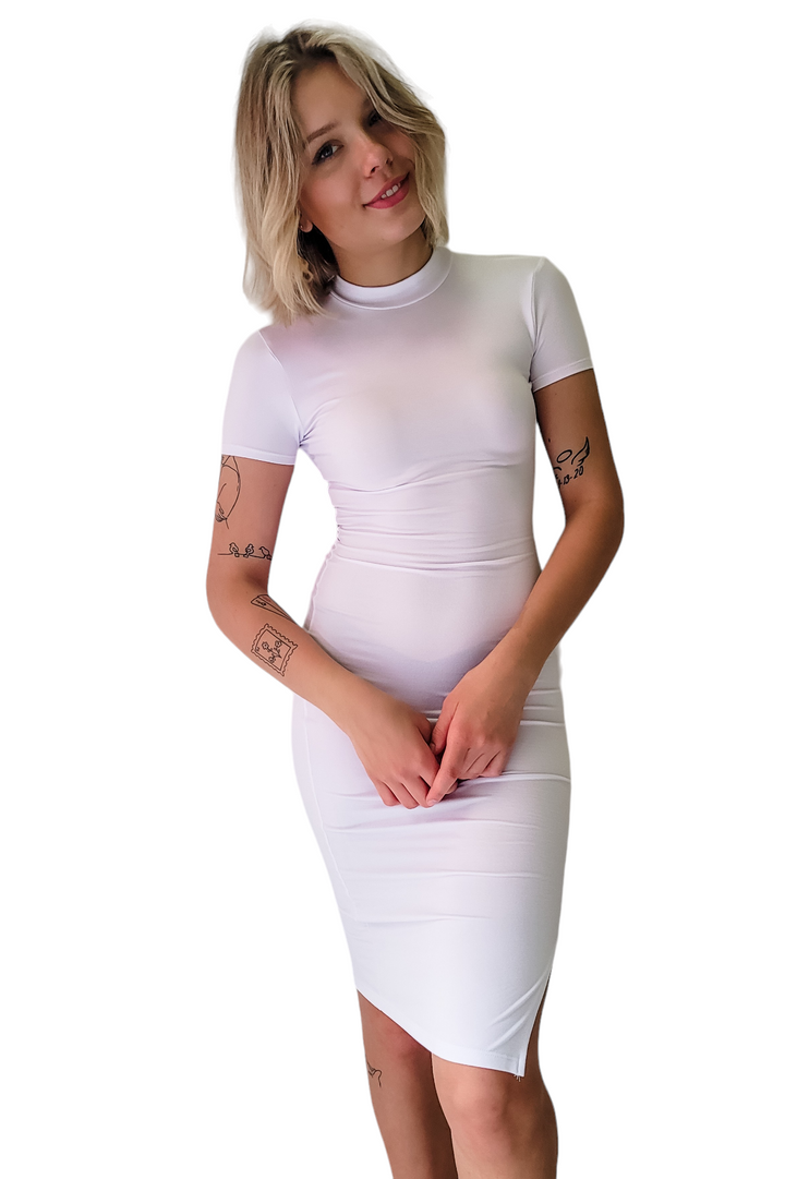 White Mock Neck Short Sleeve Midi Dress