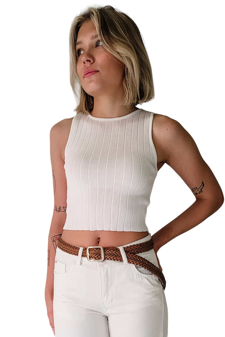 White Sleeveless Rib Knit Crop Tank