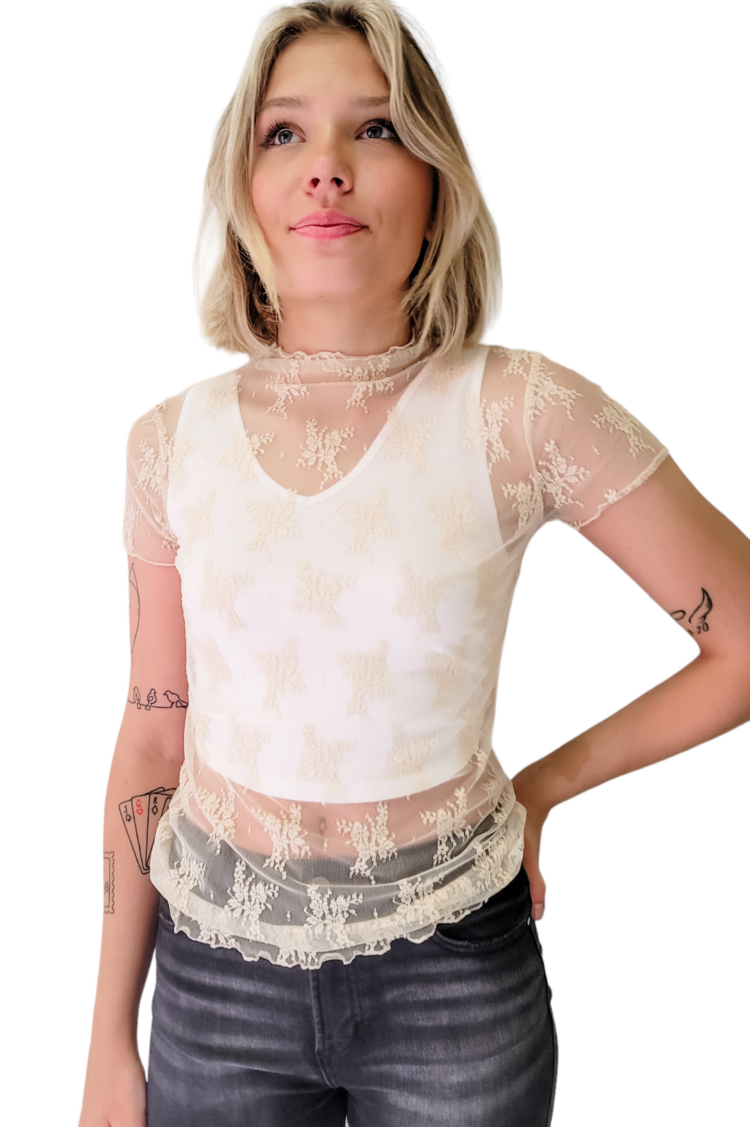 Cream Floral Lace Mesh Short Sleeve Layering Top