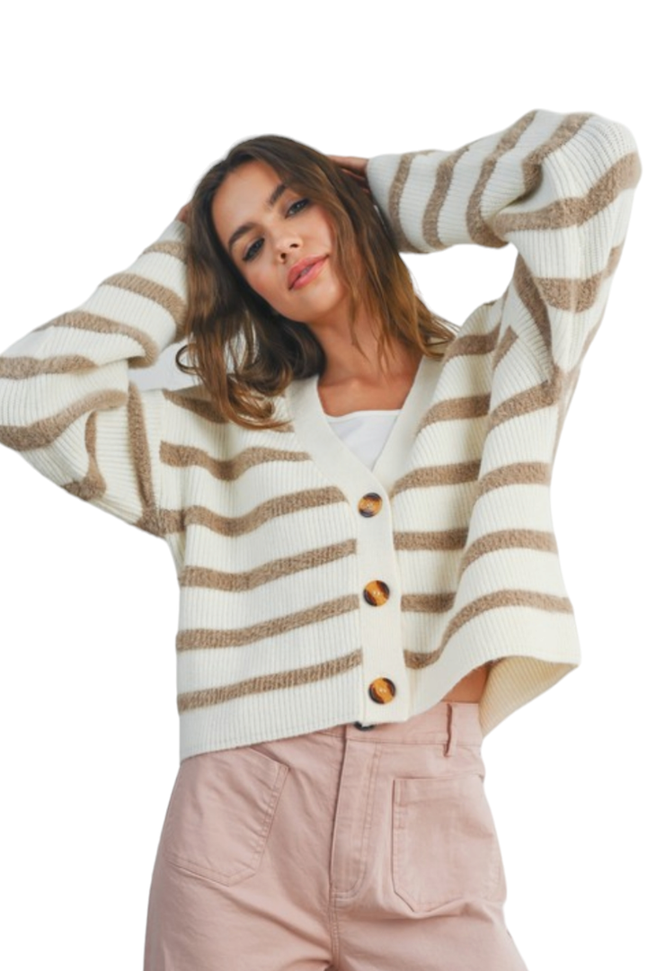 Ivory & Taupe Striped Sweater Button Cardigan