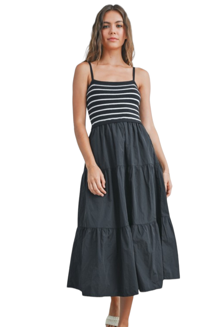 Black Striped Tank Tiered Midi Dress