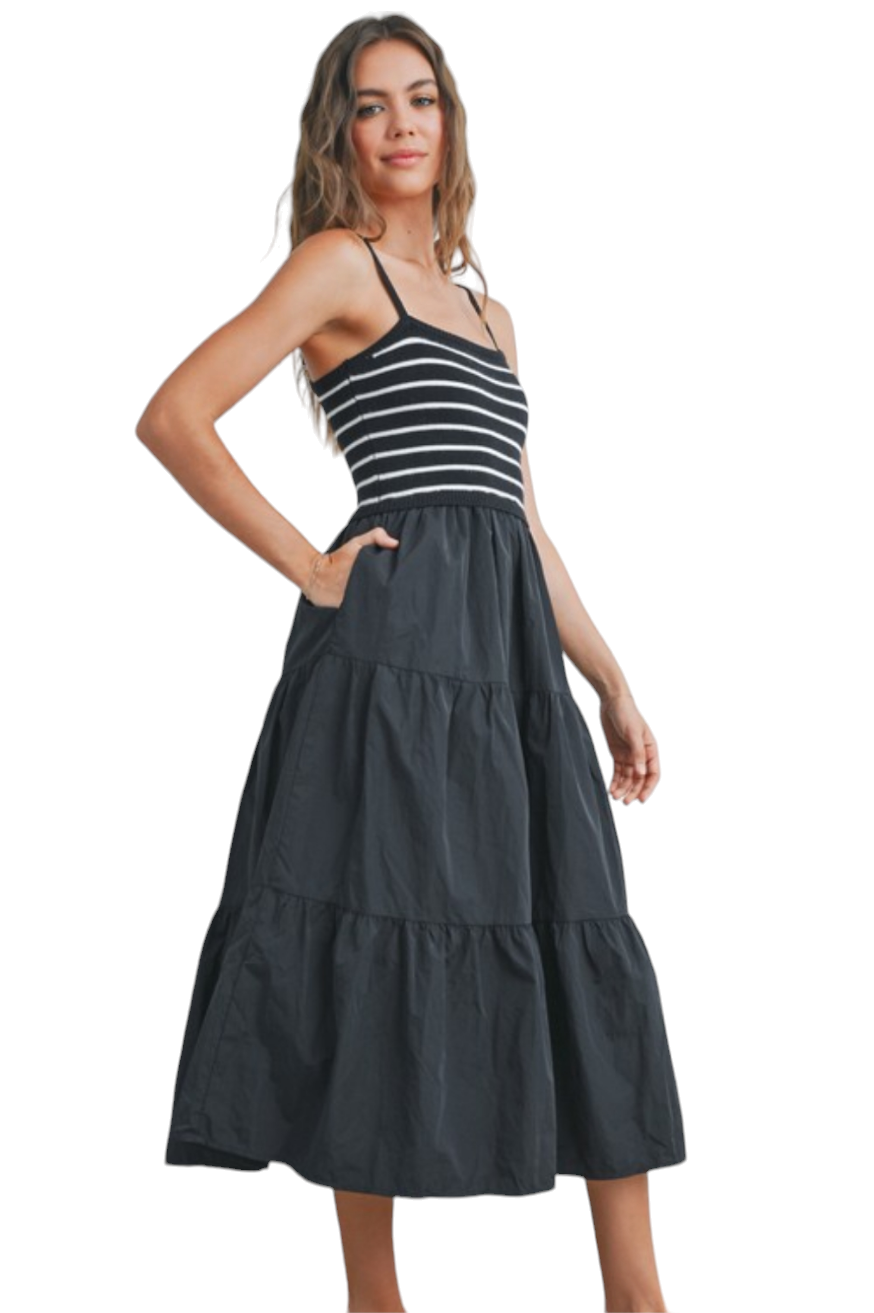 Black Striped Tank Tiered Midi Dress