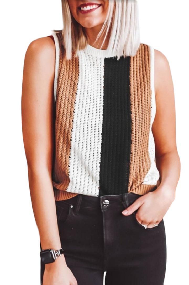 Khaki & Black Stripe Color Block Sleeveless Knitted Sweater Vest