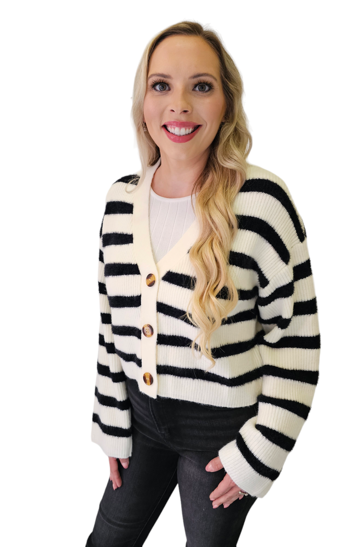 Ivory & Black Striped Sweater Button Cardigan