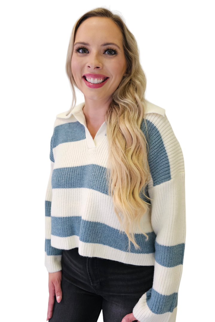 Ivory & Blue Stripe Collared Sweater