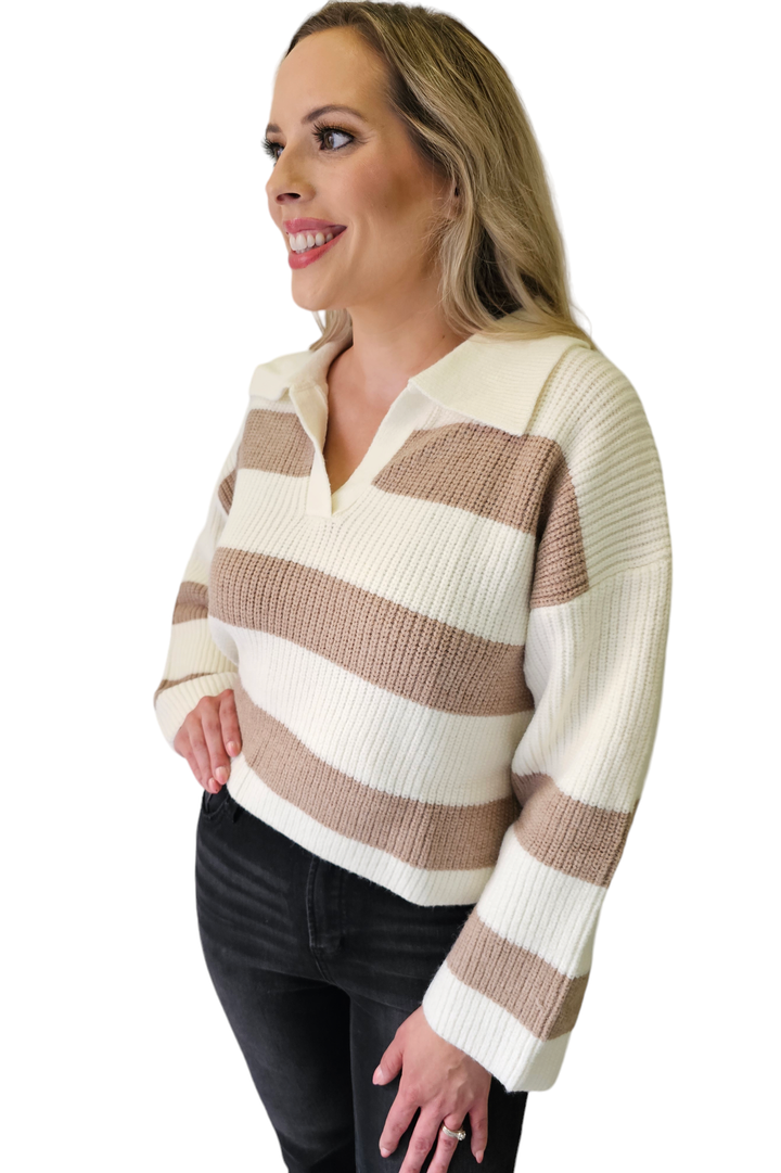 Ivory & Taupe Stripe Collared Sweater