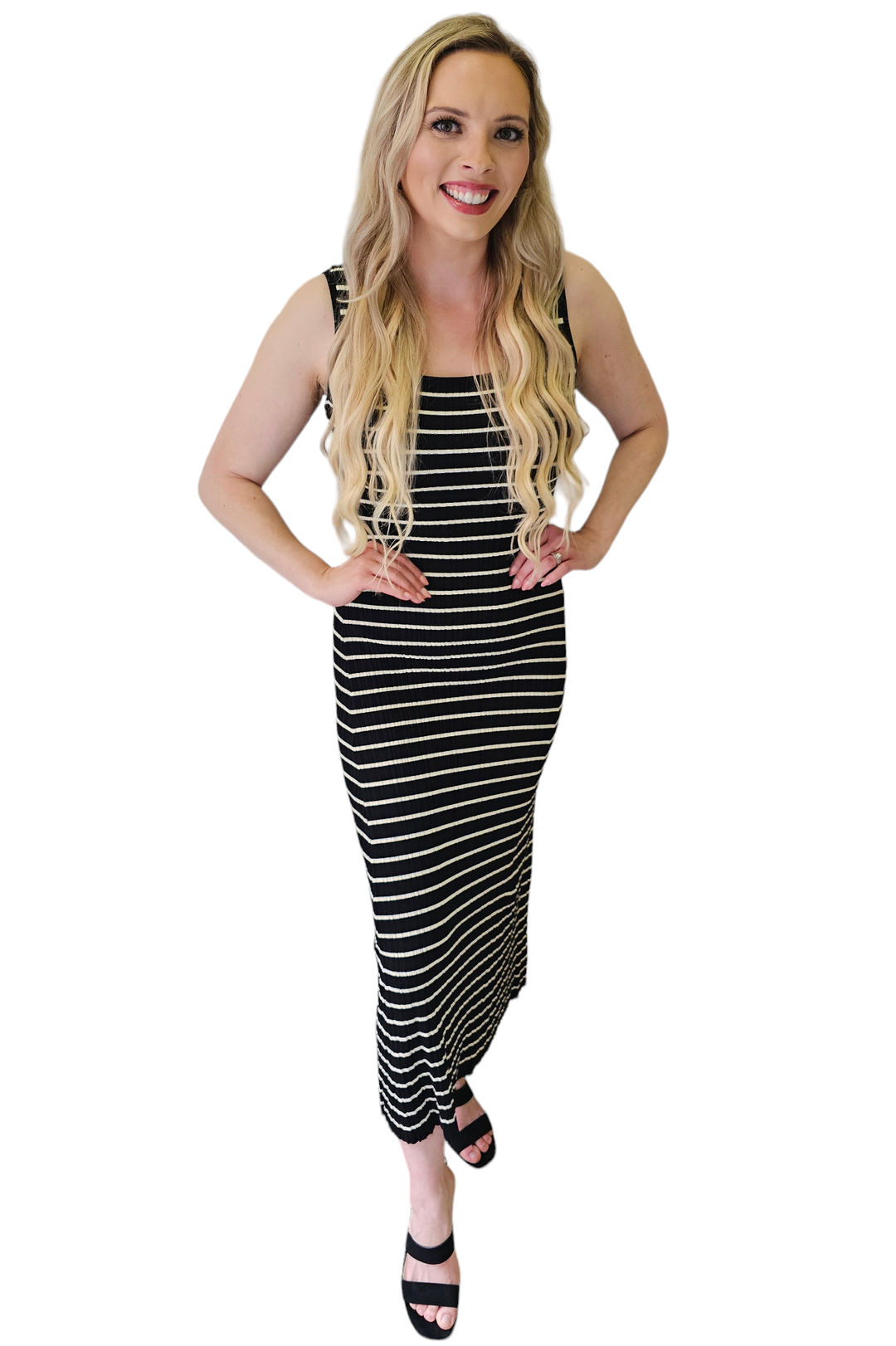 Black & Off White Stripe Knit Maxi Dress