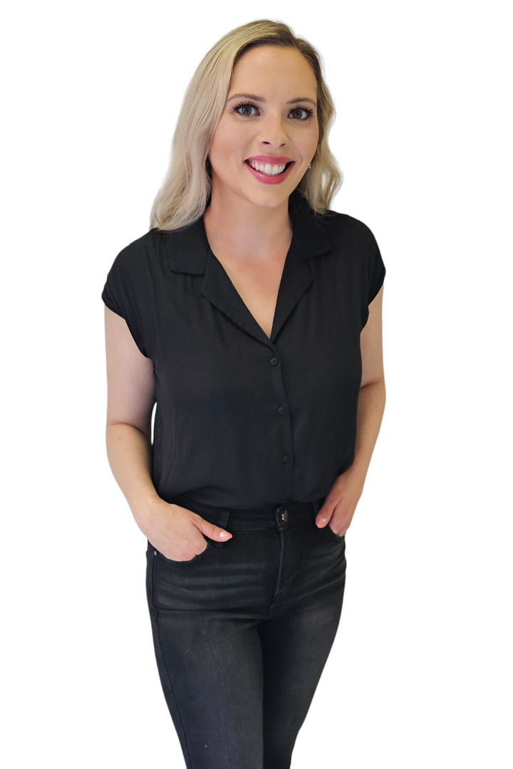 Black Cap Sleeve Button Down Top