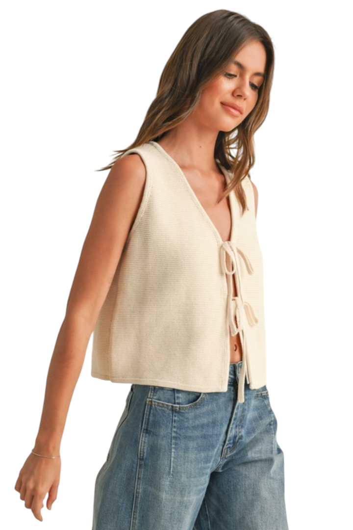 Beige Tie Front Sweater Vest Top