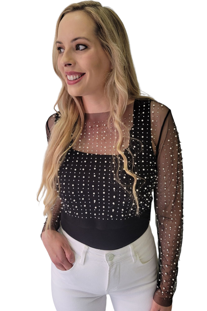 Black Pearl Rhinestone Detail Sheer Mesh Top