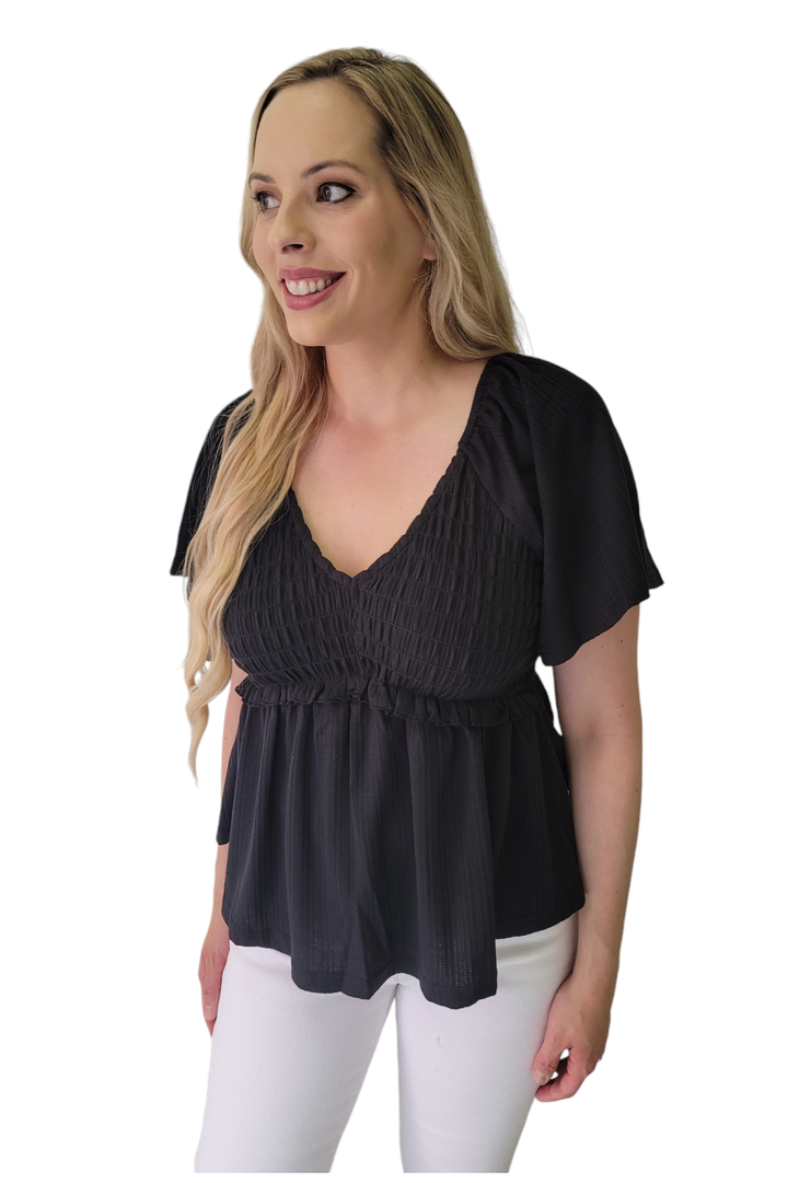 Black V Neck Short Flutter Sleeve Textured Blouse