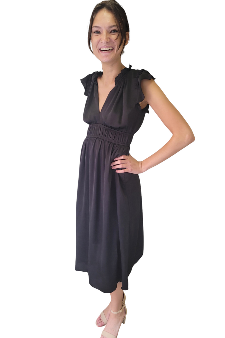 Black Split Neck Flutter Sleeve Dull Satin Midi Dress