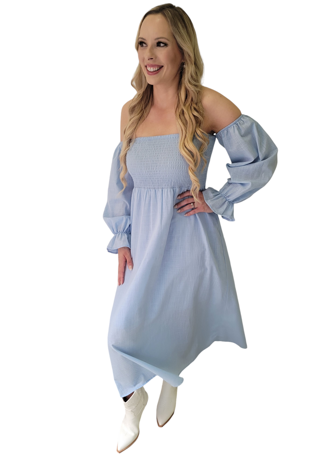Powder Blue On And Off Shoulder Linen Smocked Maxi Dress Powder Blue On And Off Shoulder Linen Smocked Maxi Dress