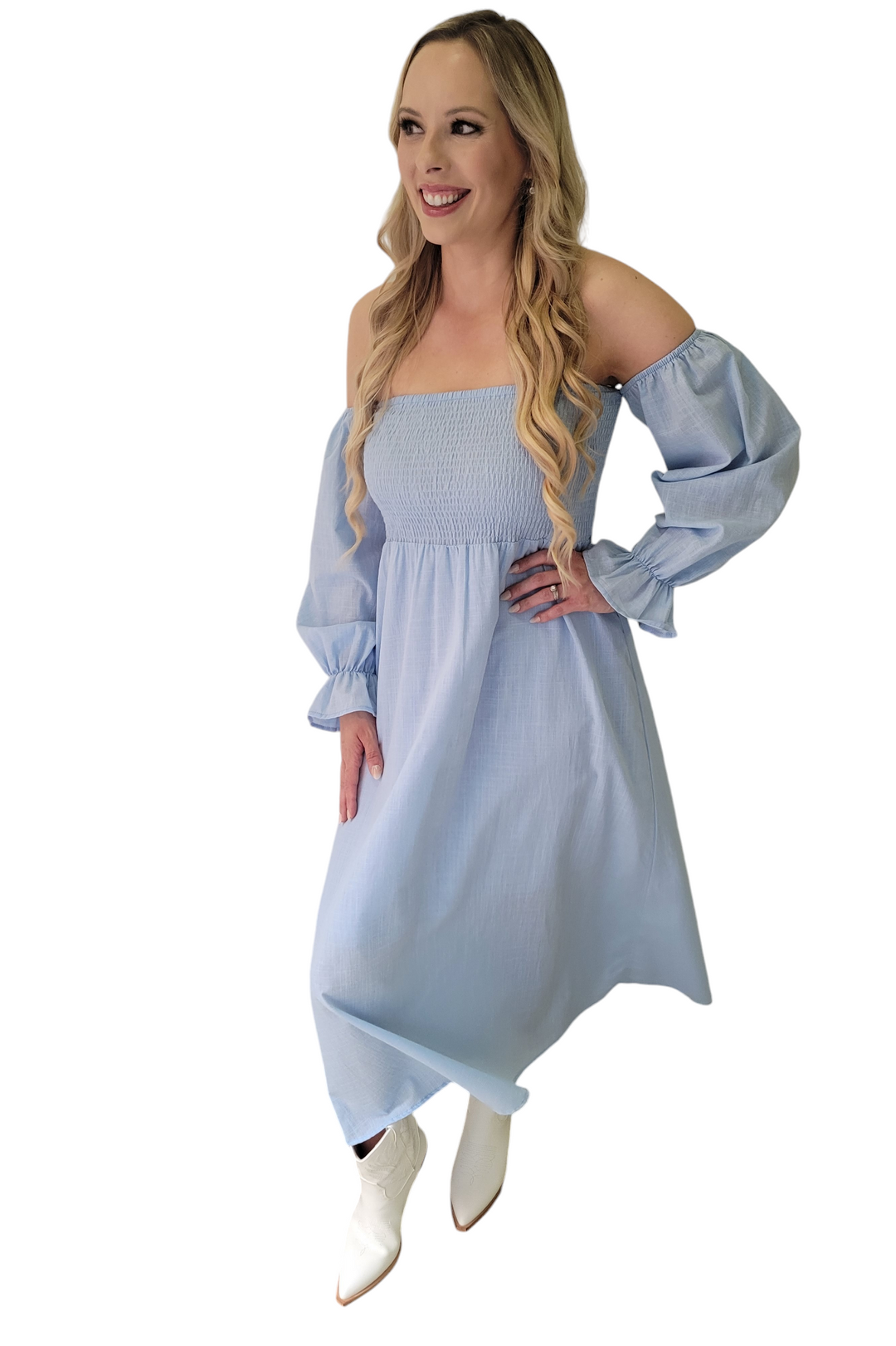 Powder Blue On And Off Shoulder Linen Smocked Maxi Dress