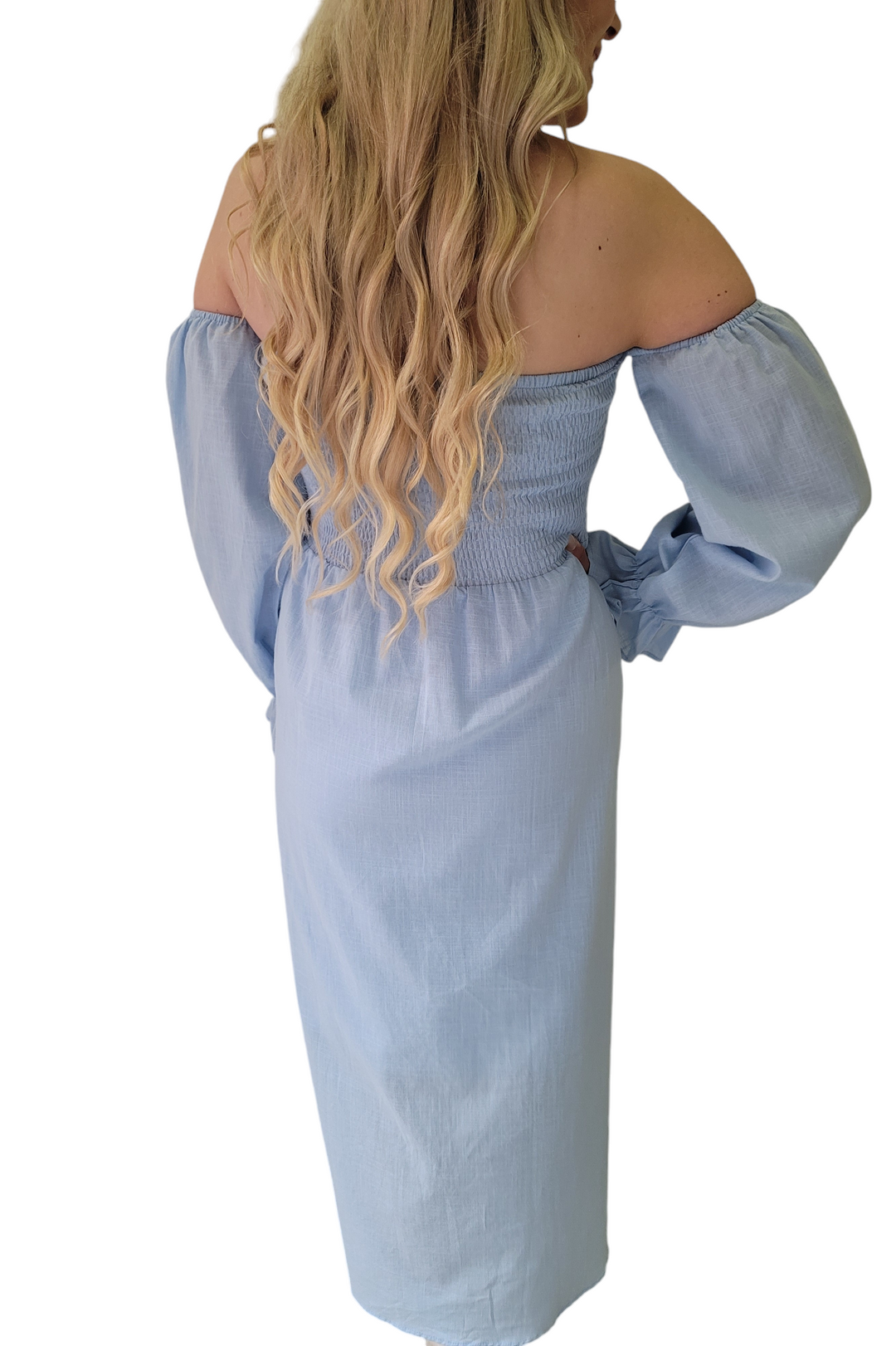 Powder Blue On And Off Shoulder Linen Smocked Maxi Dress