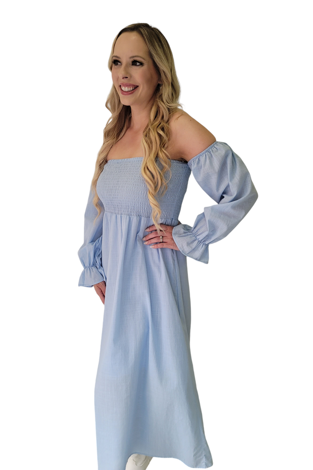 Powder Blue On And Off Shoulder Linen Smocked Maxi Dress Luscious Boutique Powder Blue On And Off Shoulder Linen Smocked Maxi Dress Luscious Boutique