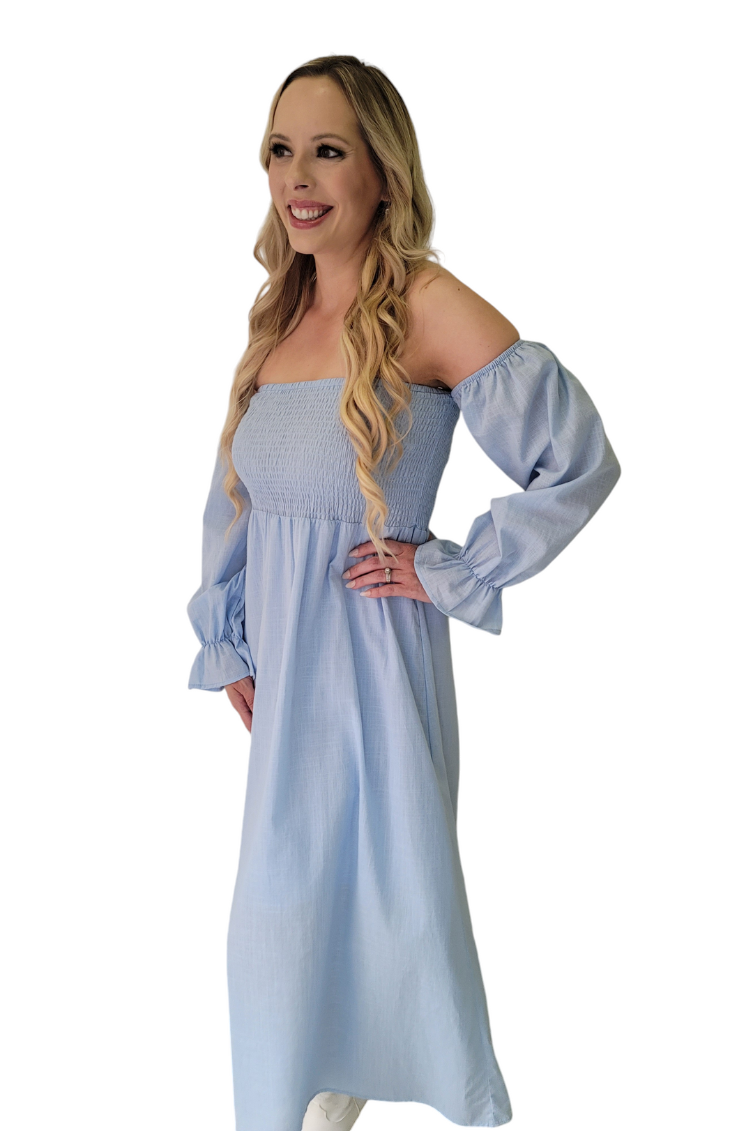 Powder Blue On And Off Shoulder Linen Smocked Maxi Dress