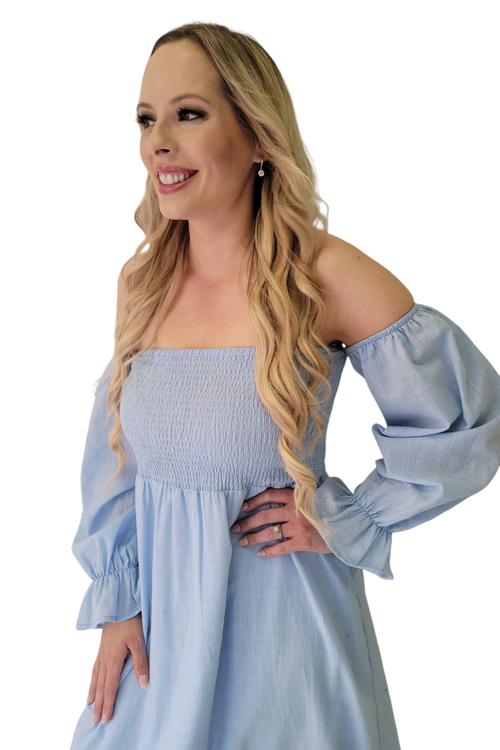 Powder Blue On And Off Shoulder Linen Smocked Maxi Dress