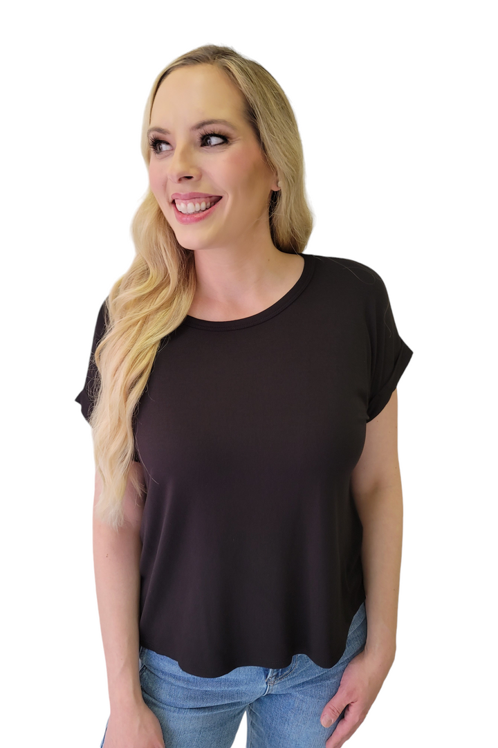 Black Rayon Modal Drop Shoulder Crew Neck Top