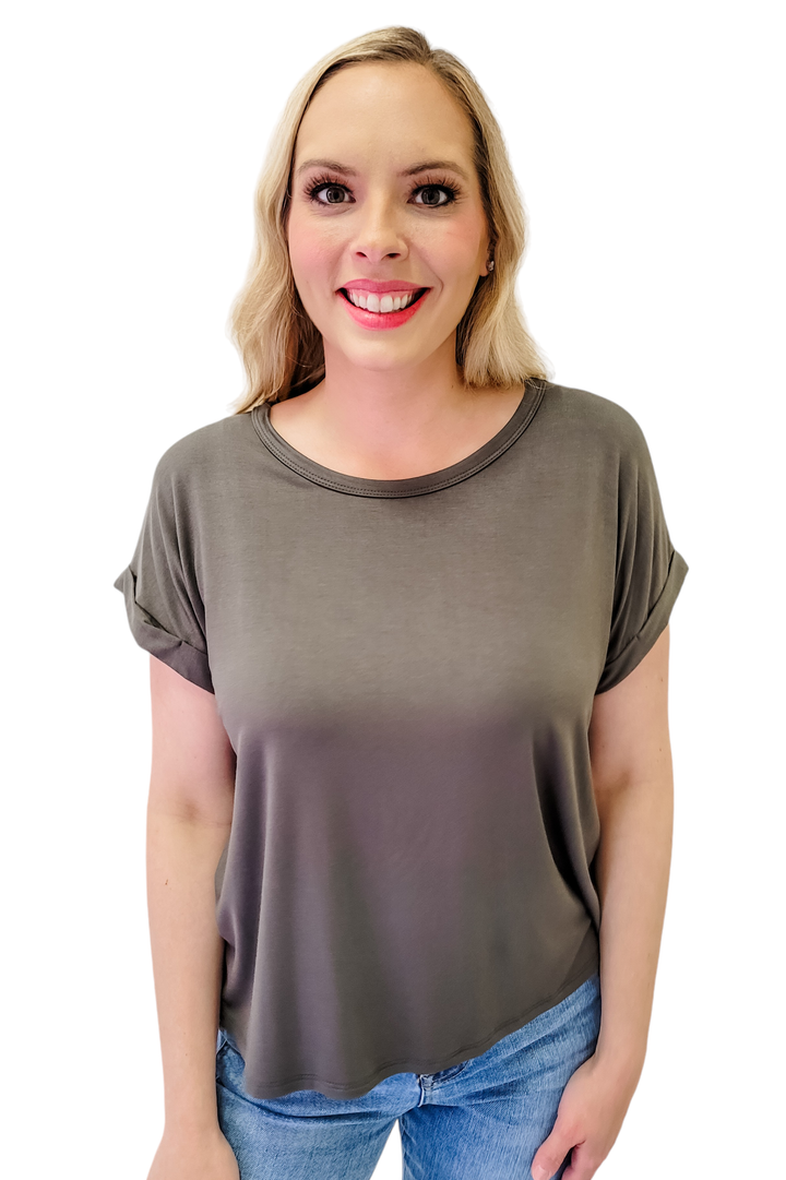 Metal Gray Rayon Modal Drop Shoulder Crew Neck Top