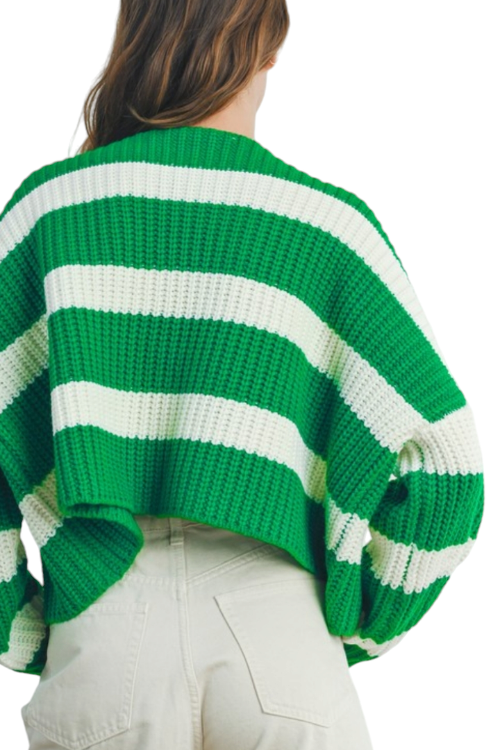 Green & White Striped V-Neck Sweater Button Cardigan