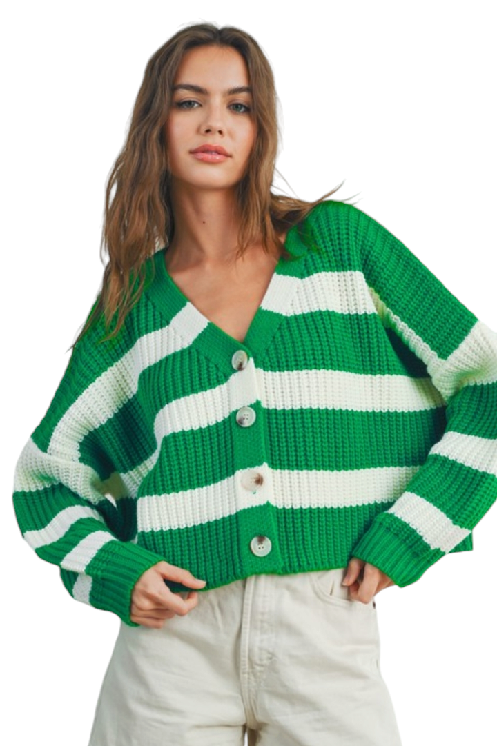 Green & White Striped V-Neck Sweater Button Cardigan