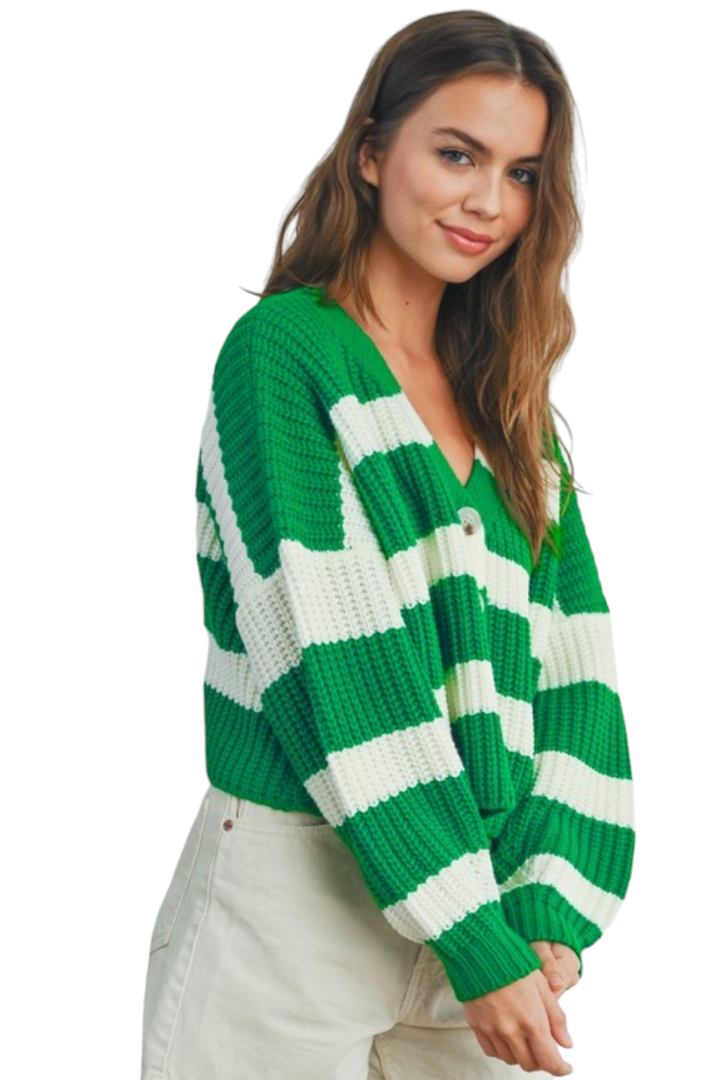 Green & White Striped V-Neck Sweater Button Cardigan