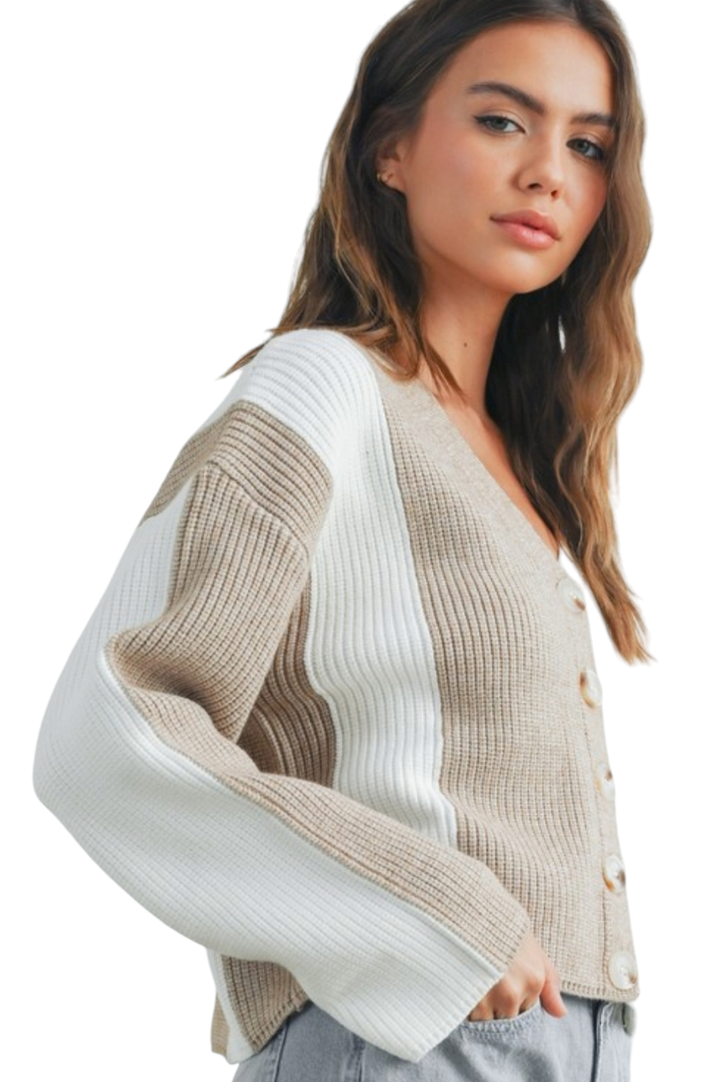 Taupe Colorblock V-Neck Sweater Button Cardigan