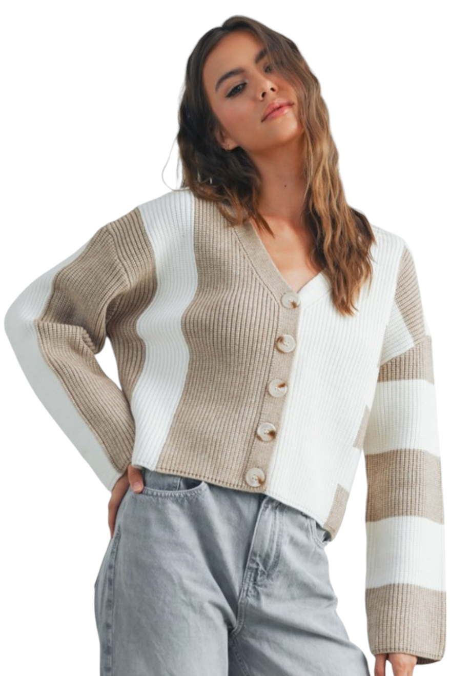 Taupe Colorblock V-Neck Sweater Button Cardigan