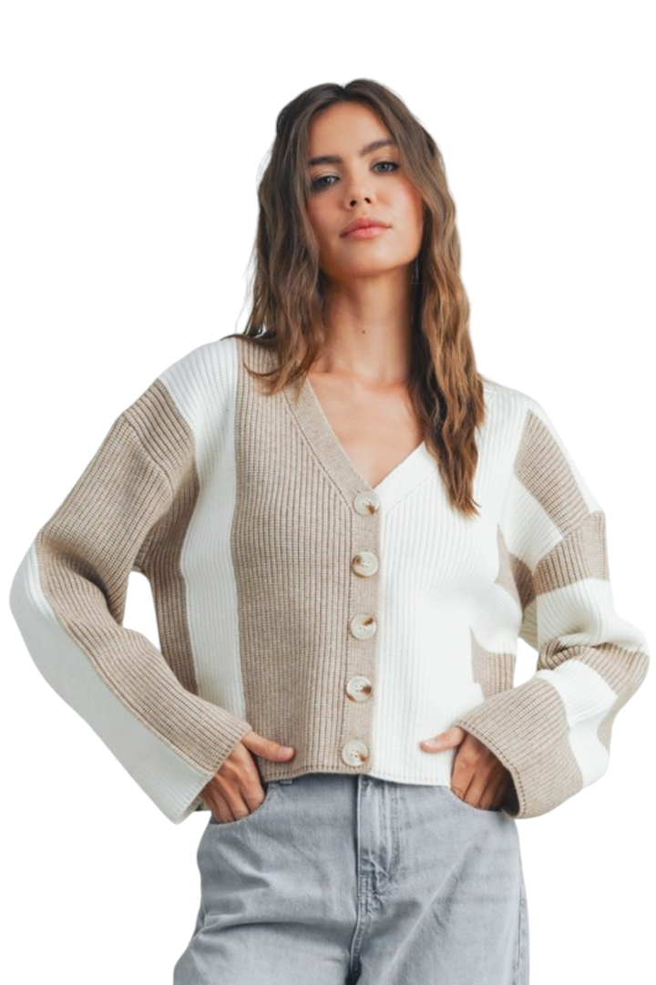 Taupe Colorblock V-Neck Sweater Button Cardigan