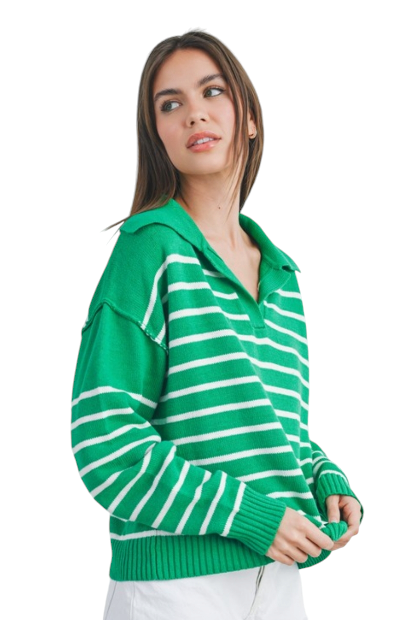 Green & White Stripe Collared Sweater