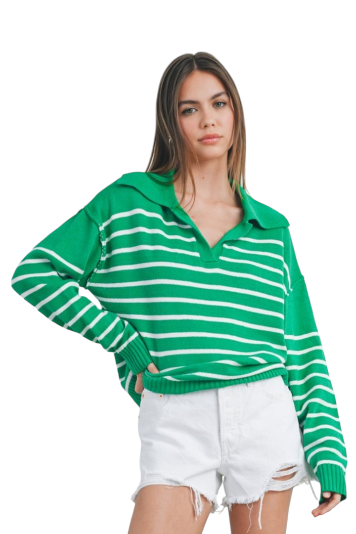 Green & White Stripe Collared Sweater