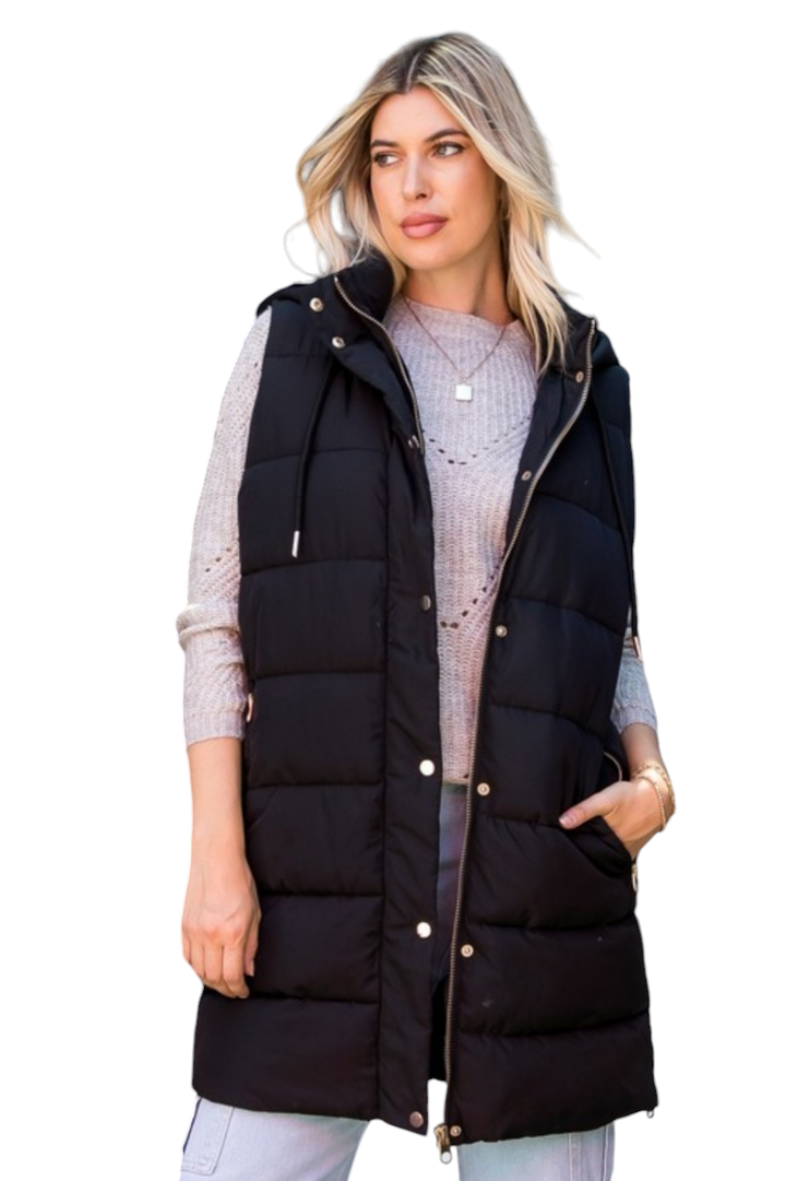 Black Zip-Up Long Puffer Vest