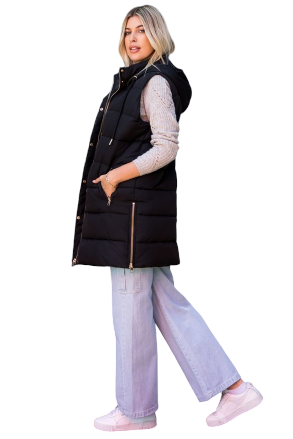 Black Zip-Up Long Puffer Vest